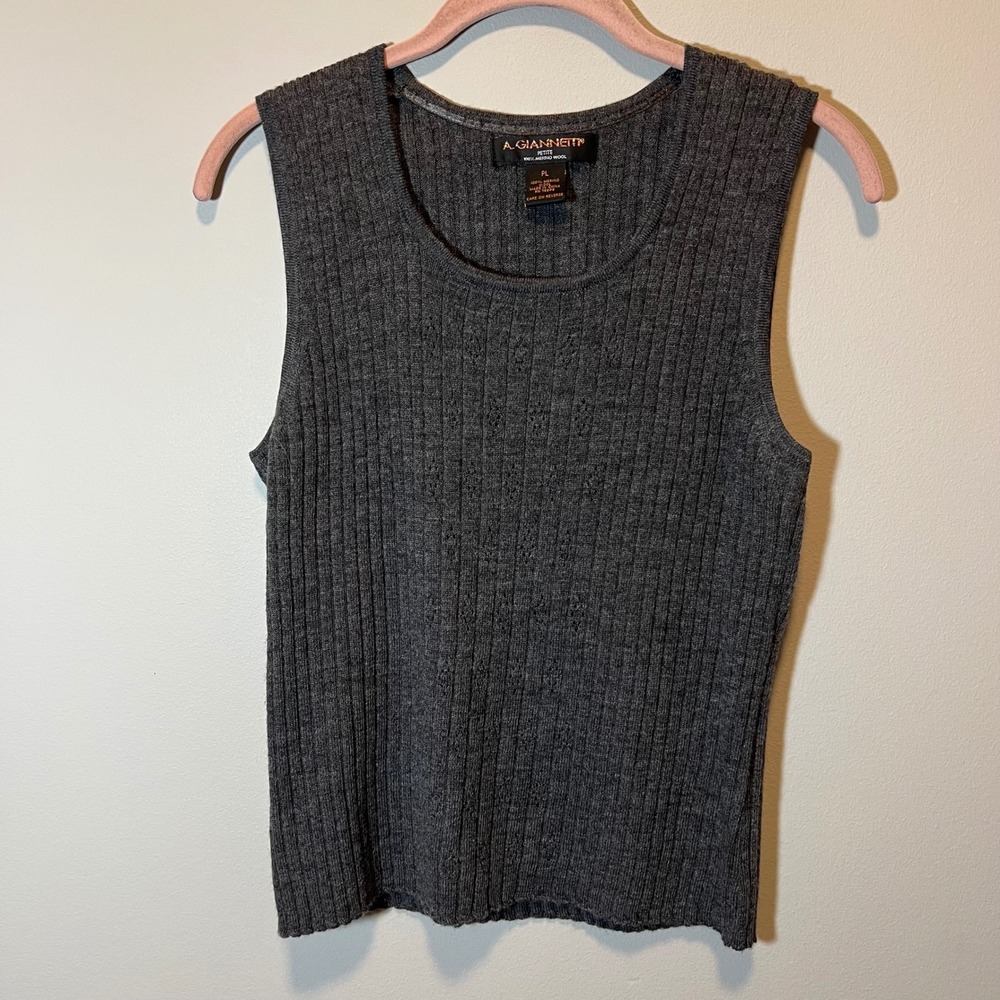 A. Giannetti Petite Gray 100% Merino Wool Ribbed Pointelle Sweater Tank PL